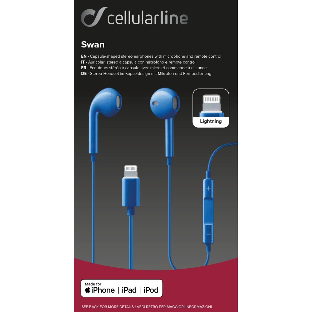 Casti cu Fir Cellularline Swan Microfon cu Input Lightning, Albastru thumb