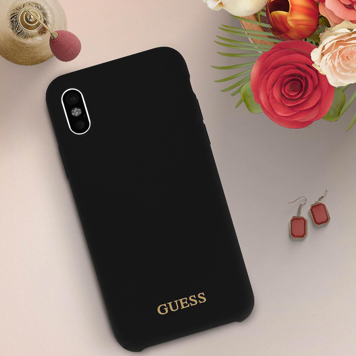 Husa Guess Silicone Cover Gold Logo iPhone X/XS, Negru thumb