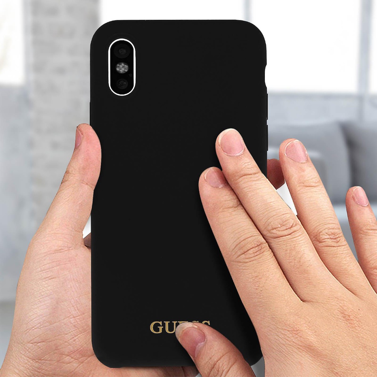 Husa Guess Silicone Cover Gold Logo iPhone X/XS, Negru thumb