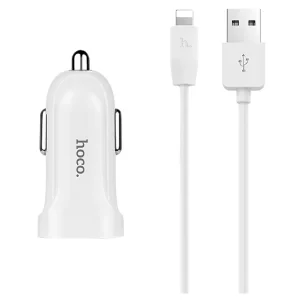 Incarcator auto dual USB Hoco + Cablu Lightning, Z2A Alb