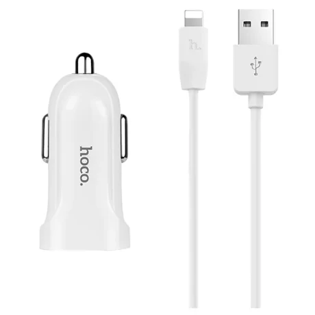 Incarcator auto dual USB Hoco + Cablu Lightning, Z2A Alb