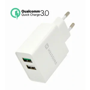 Incarcator Retea Swissten cu Incarcare Rapida, Smart IC 2xUSB  3.0 30W Alb