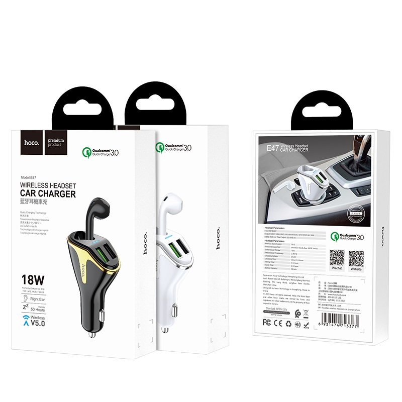 Kit Incarcator Auto+Casti Wireless Hoco E47 QC 3.0 2xUSB 35mAh Negru thumb