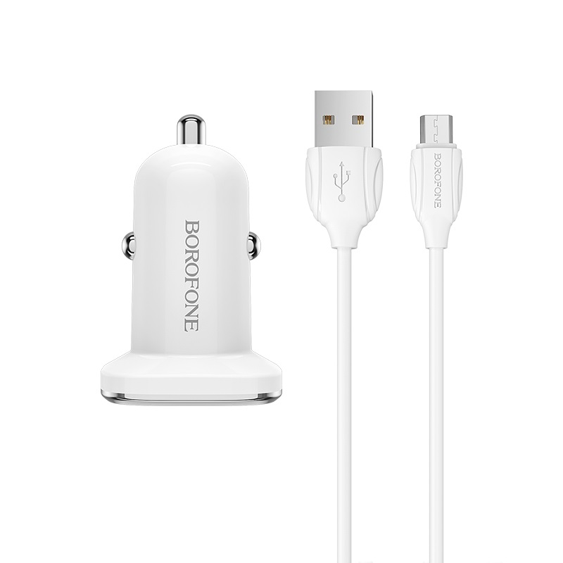 Set Incarcator Auto Borofone BZ12A 1xUSB+Cablu Date Micro Usb 1m Alb thumb