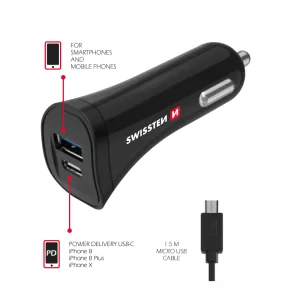Set Incarcator Auto Swissten 2xUSB QC 3.0+Cablu Date Type C 1.5m Negru