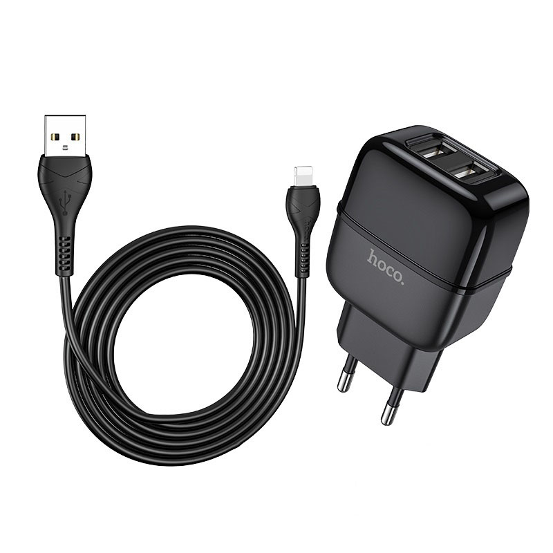 Set Incarcator Retea Hoco C77A Highway 2xUsb + Cablu Date Lightning 1m Negru thumb