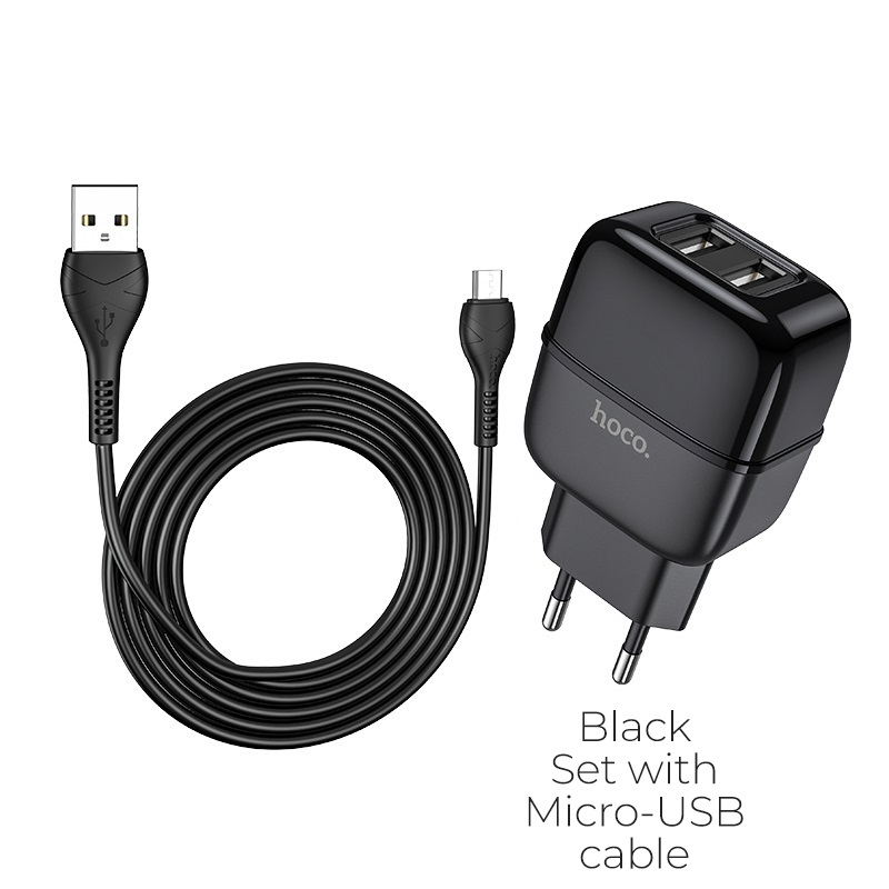 Set Incarcator Retea Hoco C77A Highway 2xUsb + Cablu Date Micro Usb 1m Negru thumb